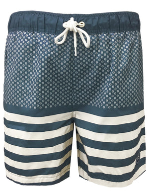 Evelyn Geo Striped Print Swim Shorts in Dark Denim - Sth Shore