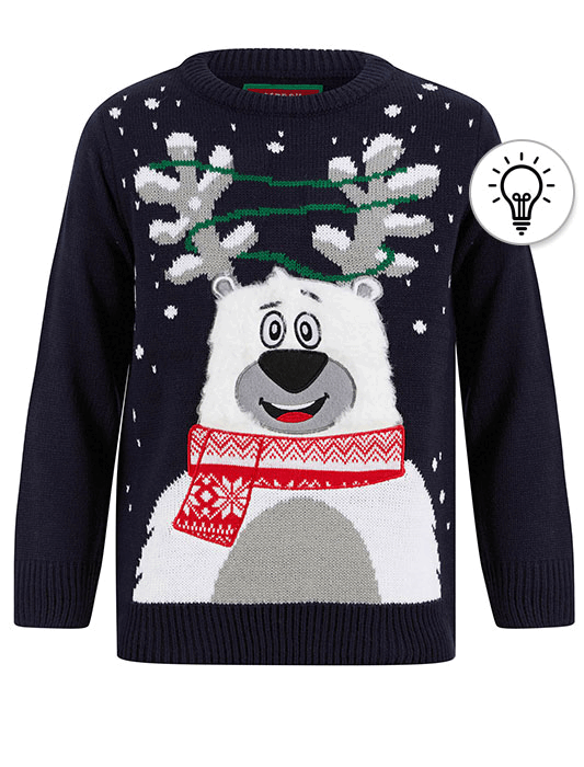 Boy's Happy Polar Bear LED Light Up Novelty Christmas Jumper in - Main Image