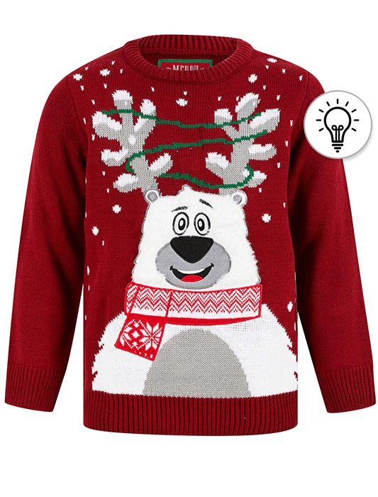 Boy's Happy Polar Bear LED Light Up Novelty Christmas Jumper in Red - Merry Christmas Kids (4-12yrs)