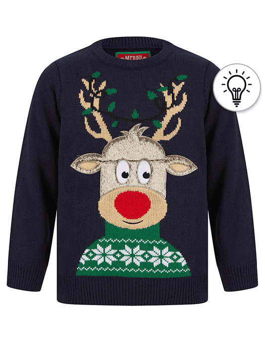 Boy's Cheeky Rudolph LED Light Up Novelty Christmas Jumper in Ink - Merry Christmas Kids (4-12yrs)