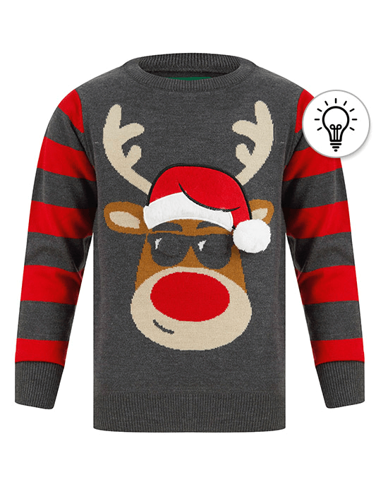Boy's Hip Rudolph LED Light Up Novelty Christmas Jumper in Dark Grey Marl - Merry Christmas Kids (4-12yrs)