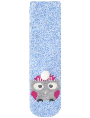 Ladies Ember Chenille Owl Fluffy Knitted Socks in Blue