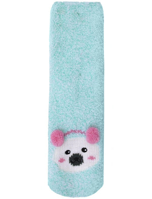 Ladies Ember Chenille Polar Bear Fluffy Knitted Socks in Turquoise Green