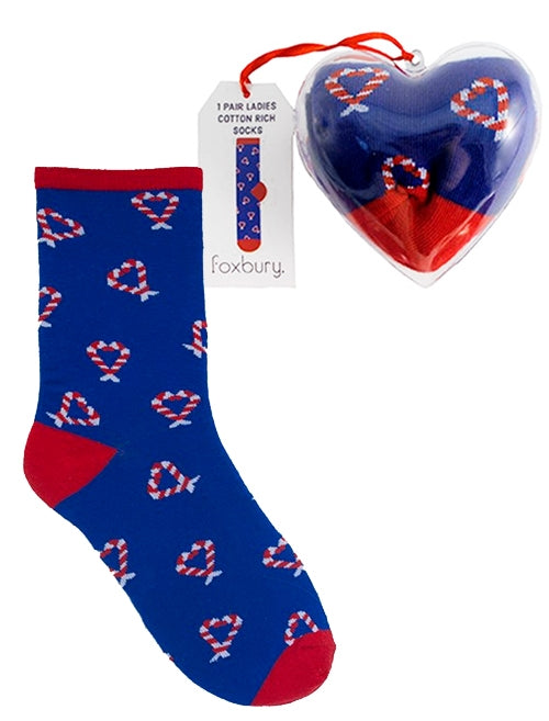 Ivy Ladies Cotton Rich Candy Cane Novelty Socks In A Bauble in Sapphire Blue