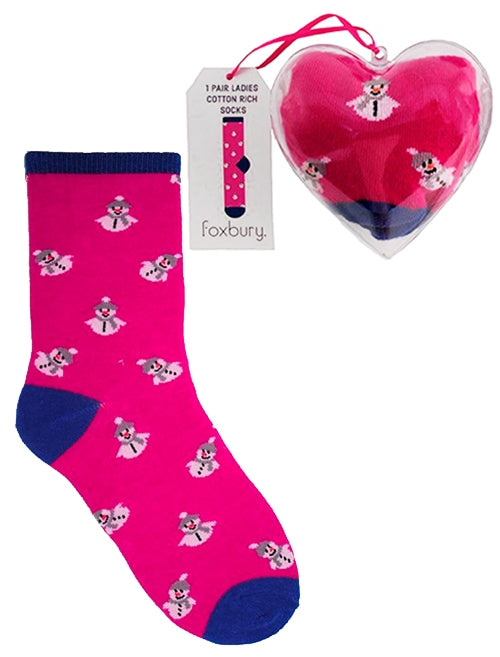 Ivy Ladies Cotton Rich Snowman Novelty Socks In A Bauble in Pink