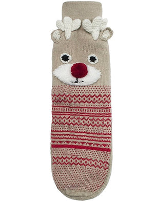 Ladies Harmony Borg Lined Reindeer 3D Knitted Slipper Socks in Coffee