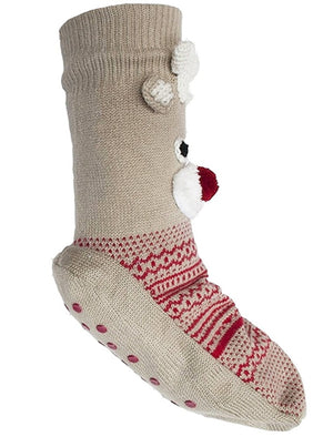 Ladies Harmony Borg Lined Reindeer 3D Knitted Slipper Socks in Coffee