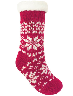 Ladies North Borg Lined Fairisle Knit Slipper Socks in Raspberry / White
