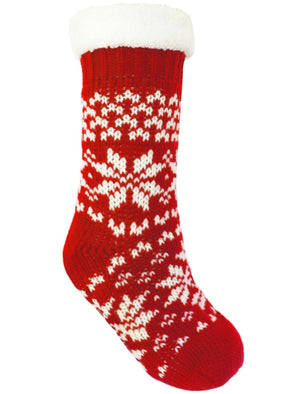 Ladies North Borg Lined Fairisle Knit Slipper Socks in Red