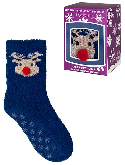 Ladies Stella Chenille Reindeer Novelty Socks in Dark Blue