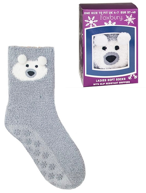 Ladies Stella Chenille Polar Bear Novelty Socks in Grey