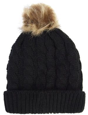 Devin Borg Lined Cable Knit Bobble Hat in Black