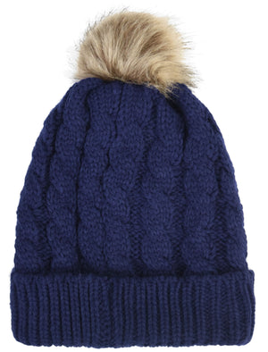 Devin Borg Lined Cable Knit Bobble Hat in Navy
