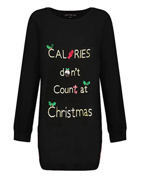 Ladies Calories Don’t Count Sequin Longline Christmas Jumper In Black
