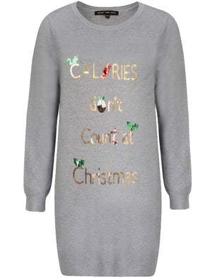 Ladies Calories Don’t Count Sequin Longline Christmas Jumper In Grey