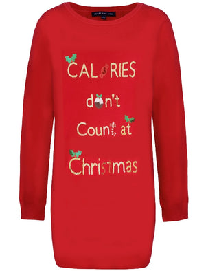 Ladies Calories Don’t Count Sequin Longline Christmas Jumper In Red