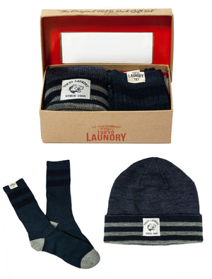Tokyo Laundry Heaton Lake blue hat and sock gift set