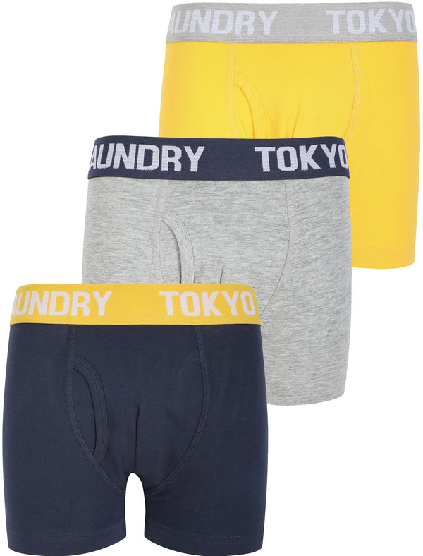Boys (6-13yr) Henson (3 Pack) Boxer Shorts Set in Mood Indigo / Solar Yellow / Grey Marl - Tokyo Laundry