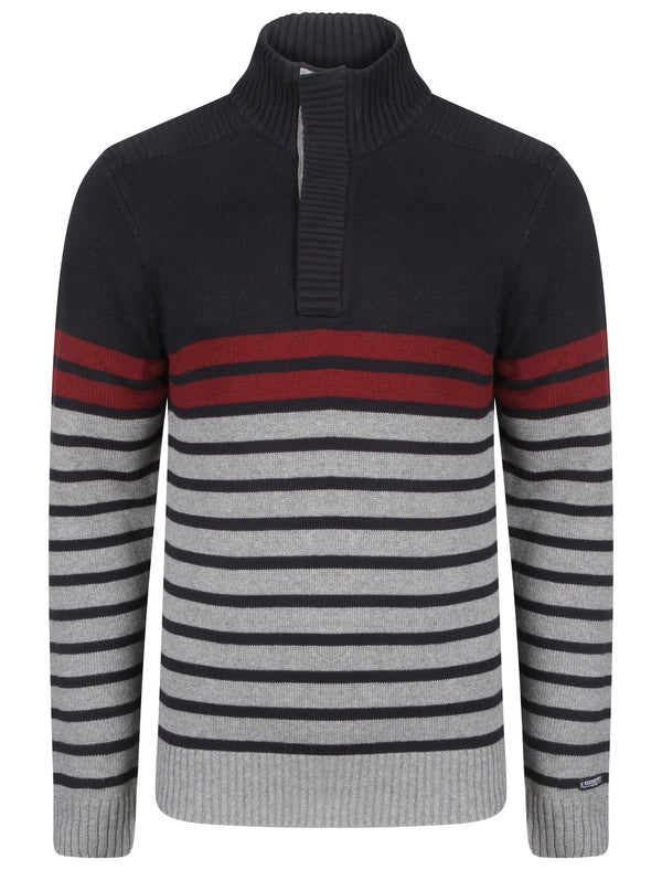 Ian Striped Funnel Neck Pullover Jumper in Dark Navy - Kensington Eastside