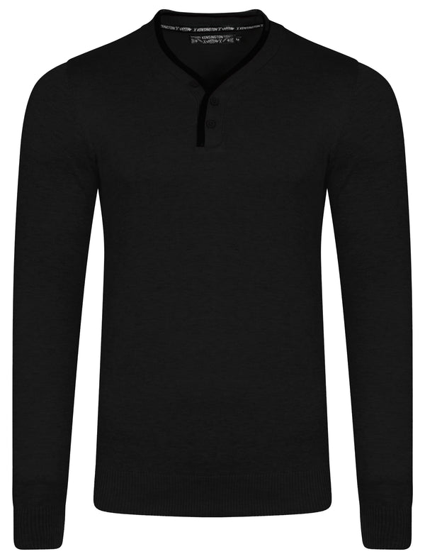 Kallias Faux Leather Trim Henley Jumper in Black - Kensington Eastside