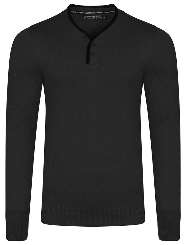Kallias Faux Leather Trim Henley Jumper in Charcoal Marl - Kensington Eastside