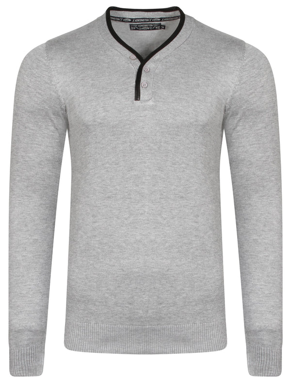 Kallias Faux Leather Trim Henley Jumper in Light Grey Marl - Kensington Eastside
