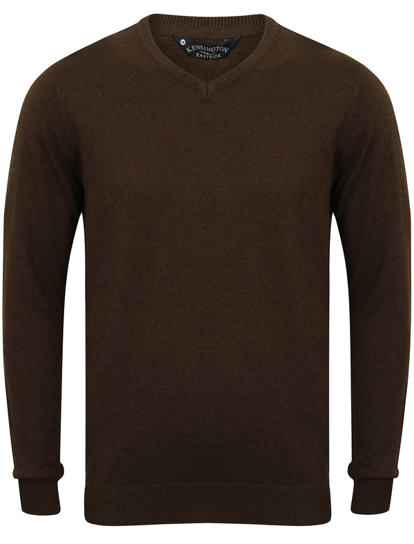 Jefferson V Neck Cotton Jumper in Brown Marl - Kensington Eastside
