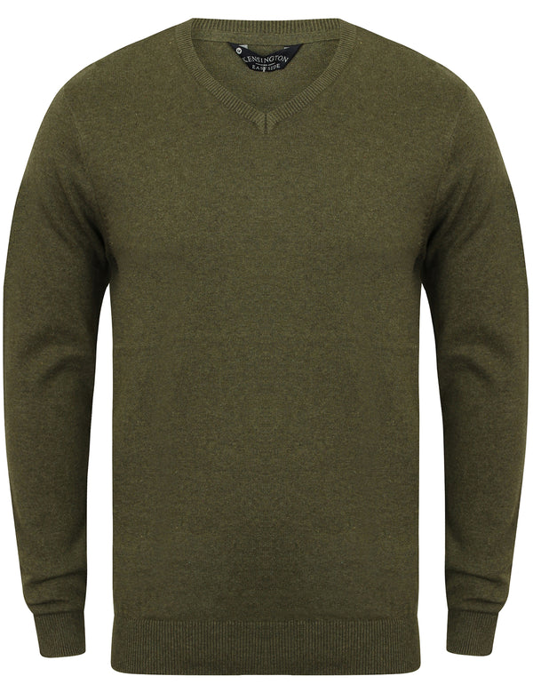Jefferson V Neck Cotton Jumper in Khaki Marl - Kensington Eastside