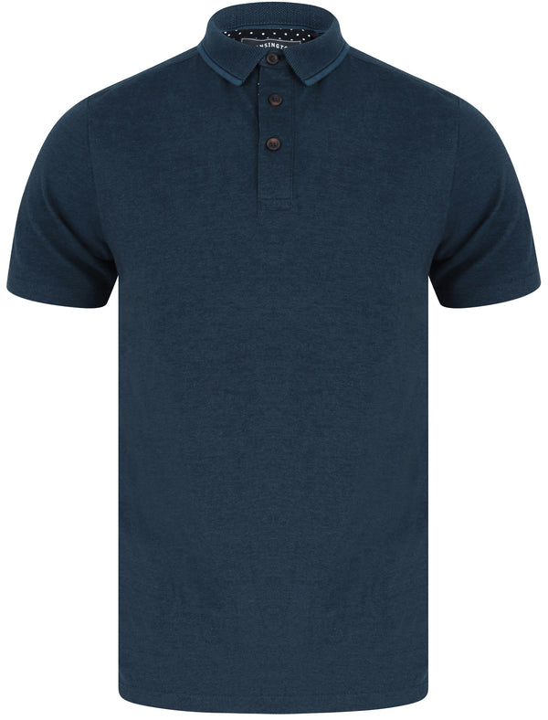 Lowndes 2 Cotton Pique Polo Shirt with Jacquard Collar In Sargasso Blue - Kensington Eastside