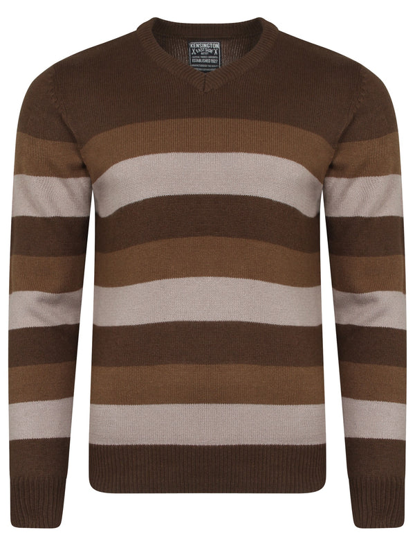 Wortley Striped V Neck Jumper in Conker Brown - Kensington Eastside