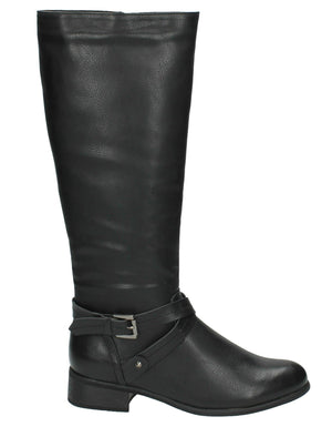 Erin Faux Leather Knee High Boots with Buckle Strap in Black