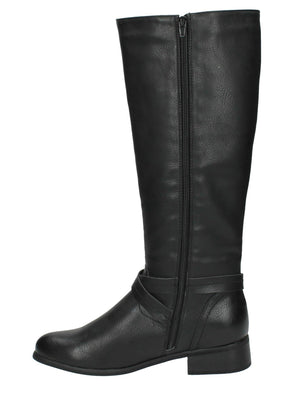 Erin Faux Leather Knee High Boots with Buckle Strap in Black