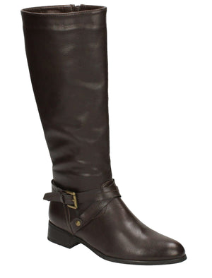 Erin Faux Leather Knee High Boots with Buckle Strap in Brown