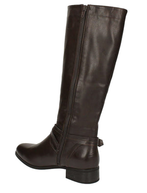 Erin Faux Leather Knee High Boots with Buckle Strap in Brown