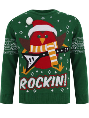 Boys Rockin Robin Novelty Christmas Jumper in Green - Merry Christmas Kids (5-13yrs)