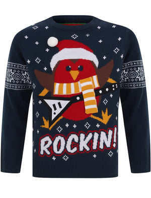 Boys Rockin Robin Novelty Christmas Jumper in Teal - Merry Christmas Kids (5-13yrs)