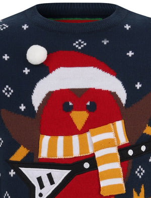 Boys Rockin Robin Novelty Christmas Jumper in Teal - Merry Christmas Kids (5-13yrs)