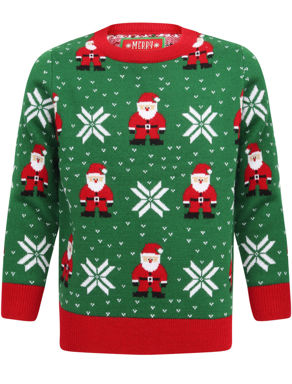 Boys Santa Fairisle Novelty Christmas Jumper in Green - Merry Christmas Kids (5-13yrs)