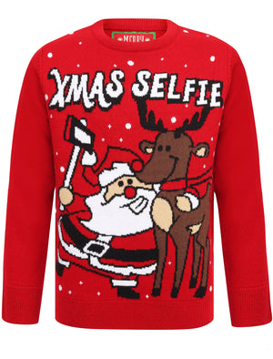 Boys Xmas Selfie Novelty Christmas Jumper in George Red- Merry Christmas Kids (5-13yrs)