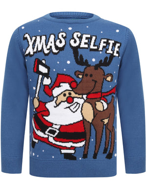 Boys Xmas Selfie Novelty Christmas Jumper in Olympian Blue - Merry Christmas Kids (5-13yrs)