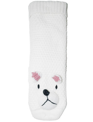 Ladies Felicity Borg Lined Polar Bear 3D Knitted Slipper Socks in Cream