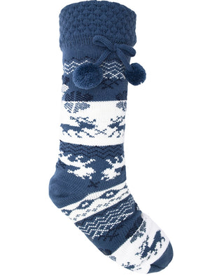 Ladies Lumi Borg Lined Fairisle Pom Pom Knitted Slipper Socks in Blue