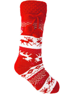 Ladies Lumi Borg Lined Fairisle Pom Pom Knitted Slipper Socks in Red