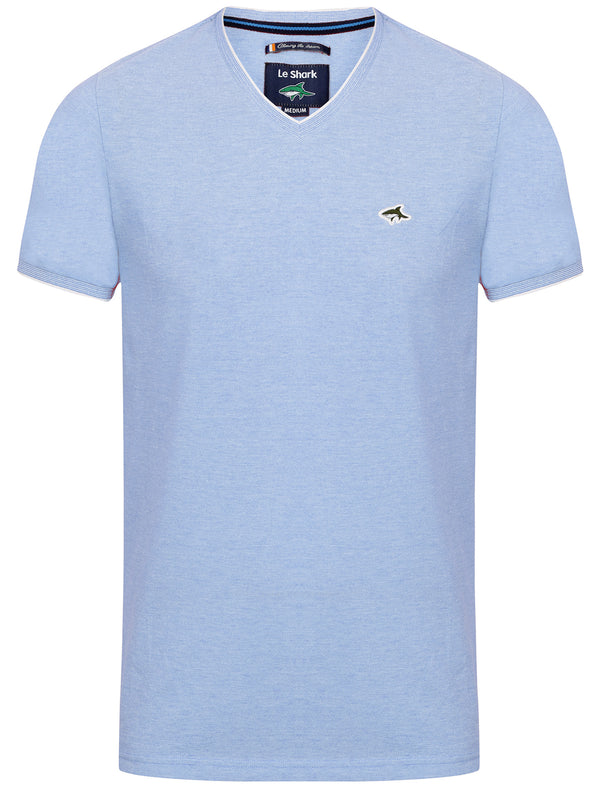 Elmington Pique V Neck Cotton Top in Light Blue / White - Le Shark