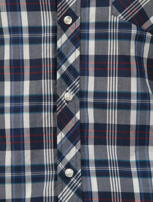 Archie Short Sleeve Cotton Checked Shirt in Ocean / Estate Blue - Le Shark