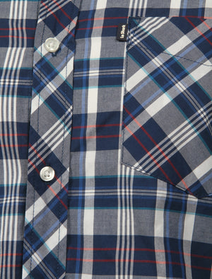 Archie Short Sleeve Cotton Checked Shirt in Ocean / Estate Blue - Le Shark