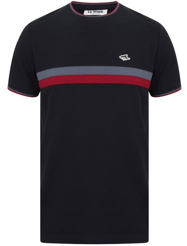 Cromwell Racer Stripe Panel Cotton Pique T-Shirt In Sky Captain Navy - Le Shark