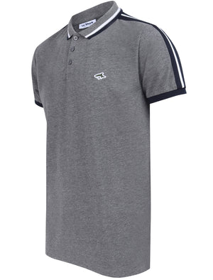 Crown Cotton Pique Polo Shirt with Racer Stripe Sleeves In Mid Grey Marl - Le Shark