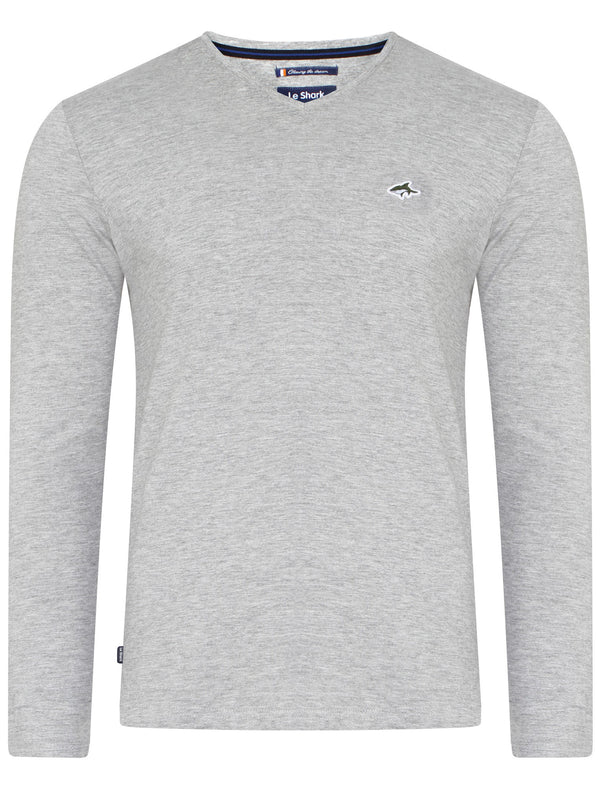 Gilden V Neck Long Sleeve Cotton Top in Light Grey Marl - Le Shark