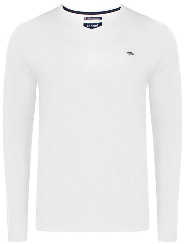 Gilden V Neck Long Sleeve Cotton Top in Optic White - Le Shark